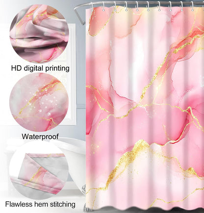 Lnond 4Pcs Bathroom Sets with Shower Curtain and Rugs, Pink Gold Marble Modern Art Shower Curtain Sets with Rugs and Accessories