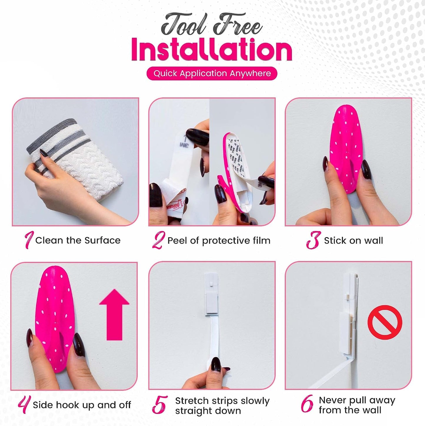 Adhesive Wall Hanging Hooks | Pack of 3 Pink Polka Dot Wall Hooks with Heavy Duty Sticky Strips that Hold Up to 3lbs, Easy to Install Hanging Hook for Painted Walls & Kitchen