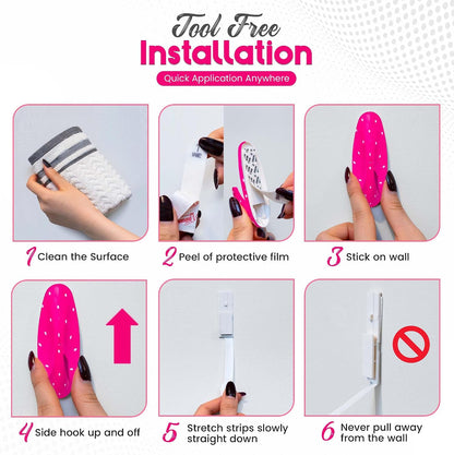 Adhesive Wall Hanging Hooks | Pack of 3 Pink Polka Dot Wall Hooks with Heavy Duty Sticky Strips that Hold Up to 3lbs, Easy to Install Hanging Hook for Painted Walls & Kitchen