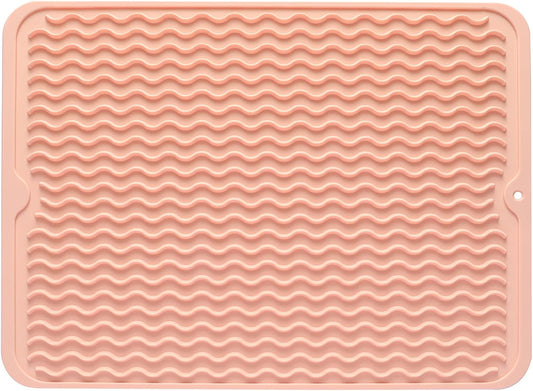 MicoYang Silicone Dish Drying Mat — Quick-Dry Ridges Counter & Sink Pad, Heat-Resistant Trivet to 450°F, Non-Slip & Dishwasher Safe, Roll-Up Storage, 18 Colors & 9 Sizes (Pink, 16"×12")