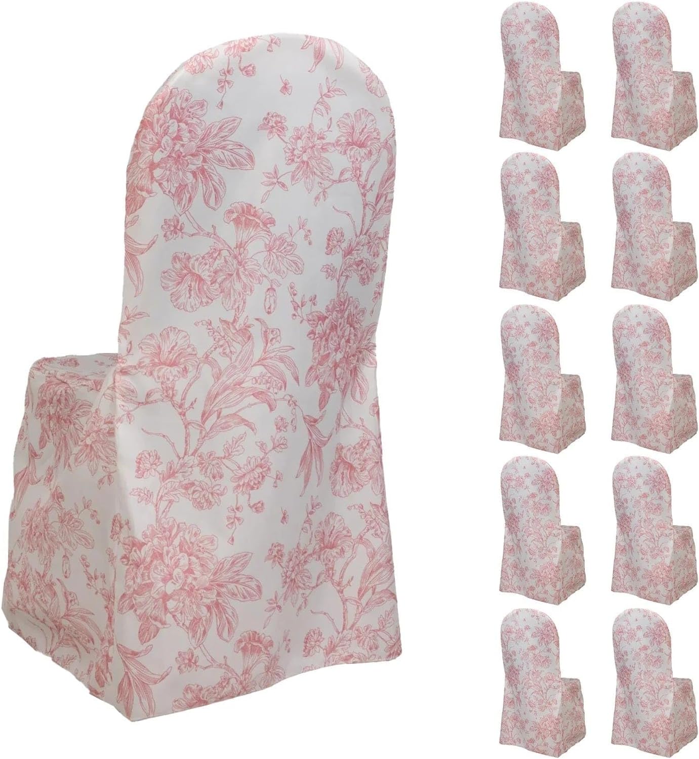 Balsa Circle 10 White and Pink Floral French Toile Polyester Banquet Chair Covers Wedding Linens Party Dining Reception Decorations Supplies