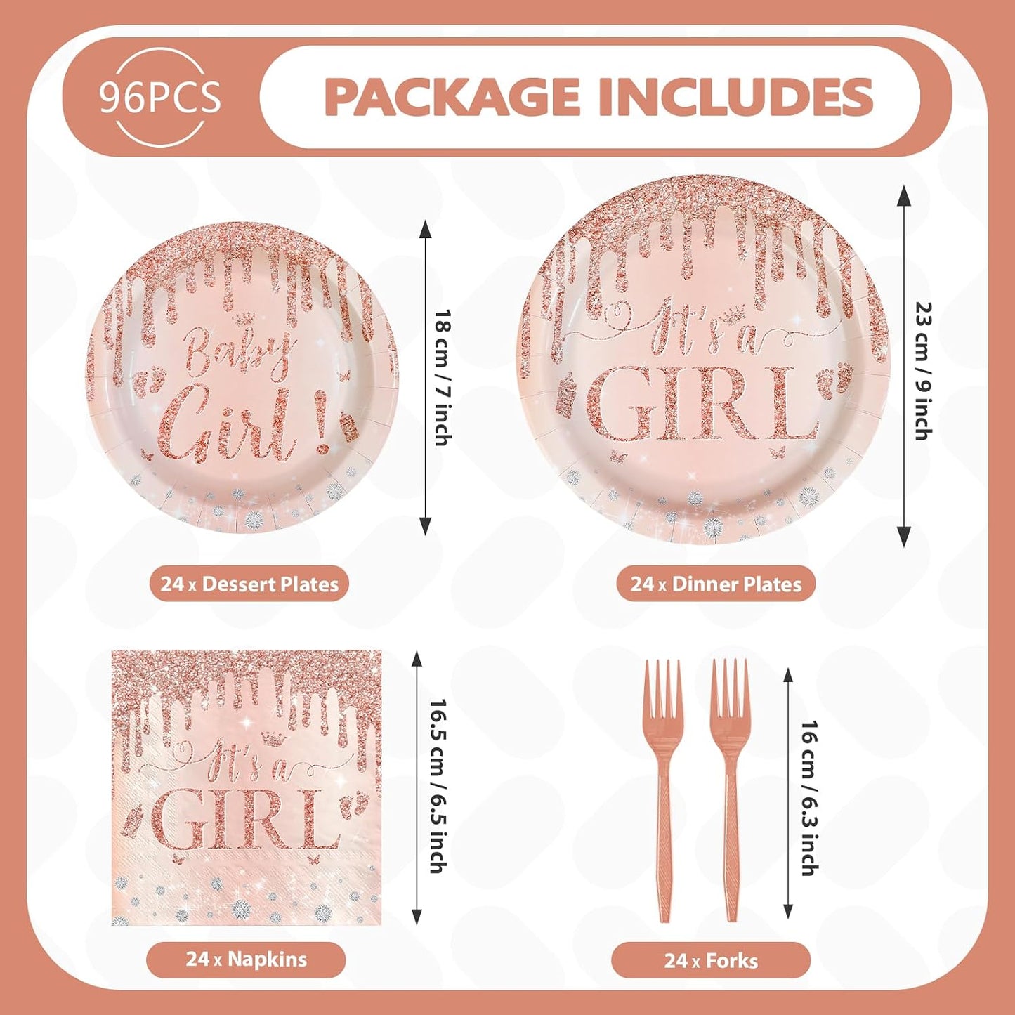 96Pcs It's a Girl Baby Shower Decorations Diamond Rose Gold Plates and Napkins Pink Girl Theme Disposable Paper Tableware Set for Girls Gender Reveal Baby Shower Birthday Party Supplies Serves 24