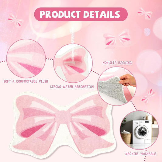 FEBSNOW Pink Bow Bathmat Rugs, Non Slip Coquette Bow Cute Aesthetic Carpet, Cute Room Decor Coquette Rug for Bathroom Bathtub Shower Bedroom and Living Room（27.6 x 21.3 inch）