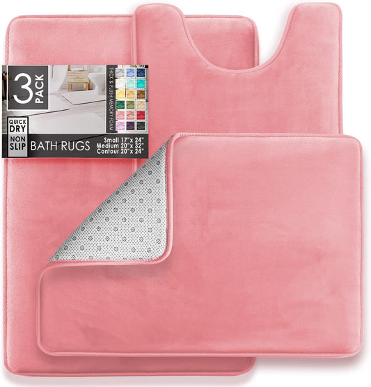 Clara Clark 3 Piece Bathroom Rugs Bath Mat Set, Velvet Memory Foam Bath Mats for Bathroom - Non-Slip, PVC Backing Bath Rugs, Washable - Dries Quickly, Pink