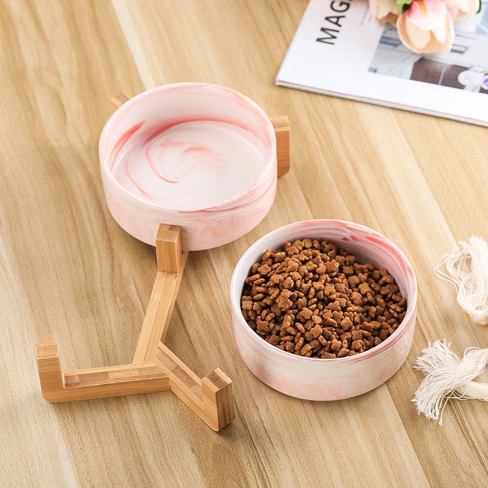 Marble Pink Ceramic Cat Dog Bowl Dish with Wood Stand No Spill Pet Food Water Feeder Cats Small Dogs Set of 2