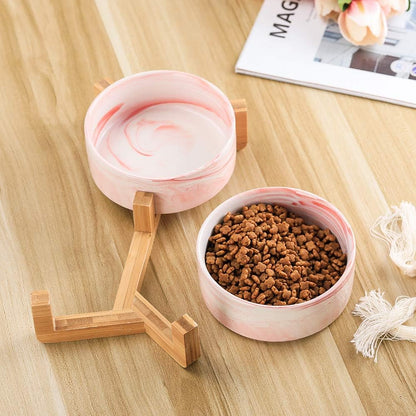 Marble Pink Ceramic Cat Dog Bowl Dish with Wood Stand No Spill Pet Food Water Feeder Cats Small Dogs Set of 2