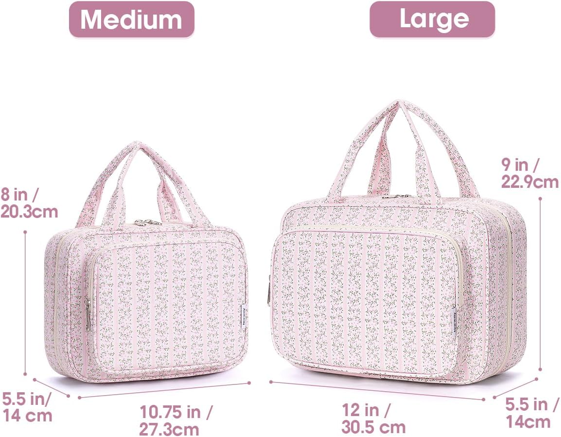 Narwey Travel Toiletry Bag for Women Large Hanging Makeup Bag Organizer Toiletries Bag for Full Size Essentials Accessories Cosmetics (Pink Flower Buds (Large))