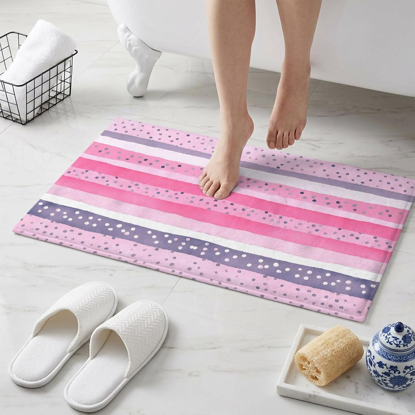 Non Slip Bath Mat for Bathroom Floor Tub, Abstract Pink Horizontal Stripes Bathroom Rug Water Absorbent Soft Shaggy Rugs Indoor Doormats Polka Dots Mats,16x24in