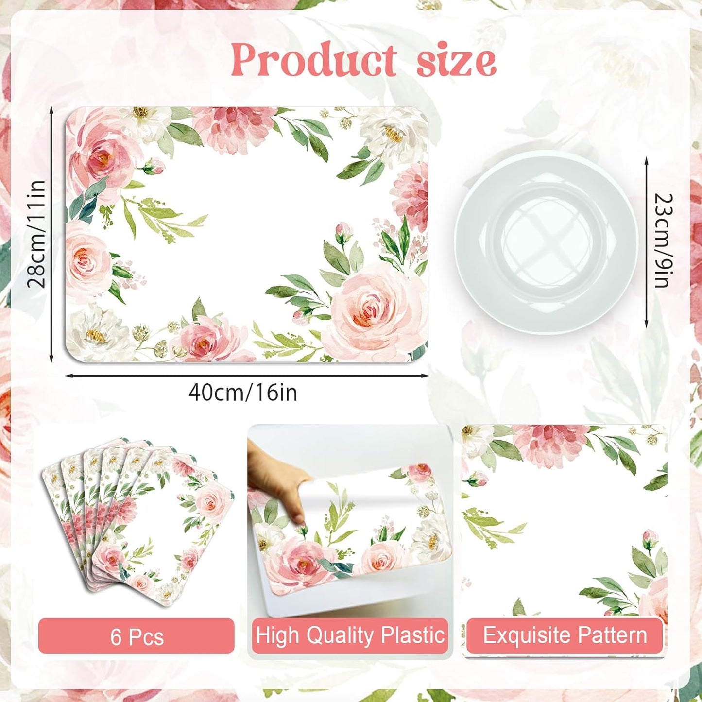 6 Pcs Pink Flower Plastic Placemats, 11x16 Inch Summer Pink White Floral Placemats Seasonal Flower Butterfly Washable Table Mats for Party Kitchen Dining Decoration