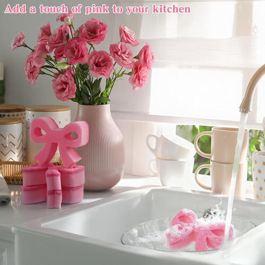 Tioncy 12 Pack Pink Bow Sponges Bulk Preppy Dual Sided Scrubber Pink Bow Sponges Reuseble Non Scratch Dishwashing Kitchen Cleaning Accessories for Cookware Pot Boiler Pan Household