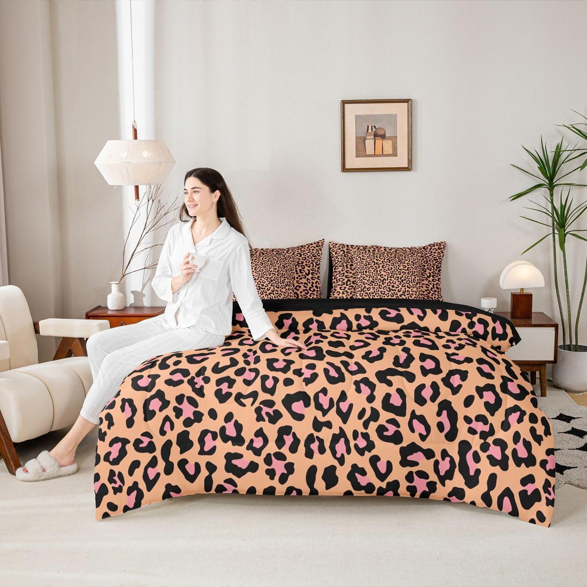 Erosebridal Girly Leopard Print Twin Size Bedding Set Animal Print 7 Pieces Comforter Set with Sheets Girl Women Golden Yellow Wildlife Cheetah Bed in a Bag Fashion Peach Pink Bed Sets