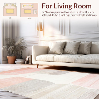 Flatwoven High Traffic Area Rug 4x6, Ivory Pink Abstract, Non Slip, Stain Resistant, Washable Area Rugs for Living Room, Bedroom (Peach, 4x6)