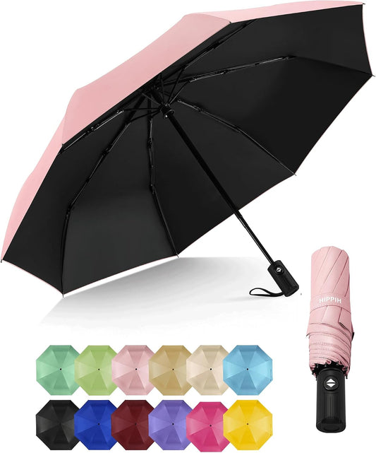HIPPIH Compact Travel Umbrella for Rain - Windproof Automatic Umbrellas, UV Umbrella for Sun Protection with Black Anti-UV Coating, Portable Small Umbrellas for Backpack, Car, Walking, Kids, Women