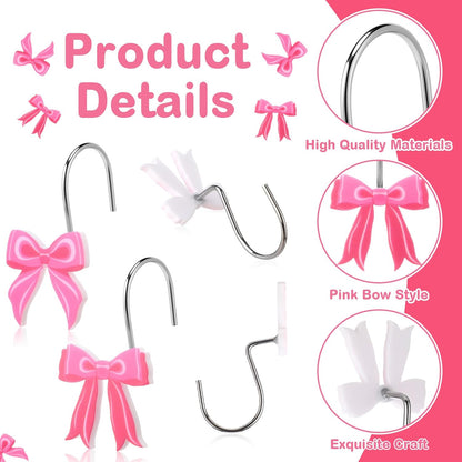 Yungyan 12 Pcs Pink Bow Shower Curtain Hooks Metal Rustproof Curtain Hangers Pink Bow Knot Decorative Stainless Steel Hook Ring for Spring Mother's Day Bathroom Wedding Birthday Preppy Bathroom Decors