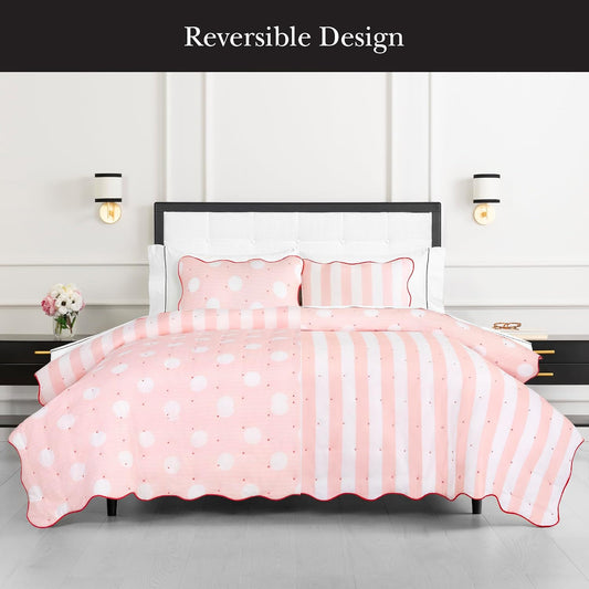 kate spade new york Stripe Dot 2-Piece Twin Quilt Bedding Set, 100% Cotton Reversible Cover, All Season Warmth Bedding, Machine Washable, Pink