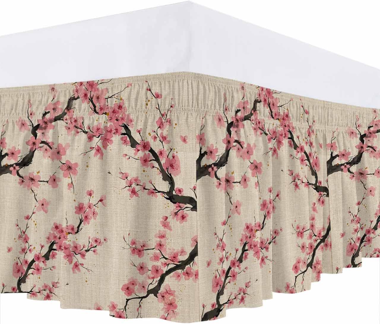 Spring Flowers Bed Skirt Queen Size 16 Inch Drop, Wrap Around Bed Skirts, Country Pink Peach Blossoms Botanical Floral Elastic Bedskirt Pleated Bed Frame Cover Luxurious Dust Ruffle for Queen Bed