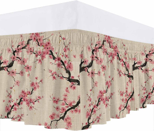 Spring Flowers Bed Skirt Queen Size 16 Inch Drop, Wrap Around Bed Skirts, Country Pink Peach Blossoms Botanical Floral Elastic Bedskirt Pleated Bed Frame Cover Luxurious Dust Ruffle for Queen Bed