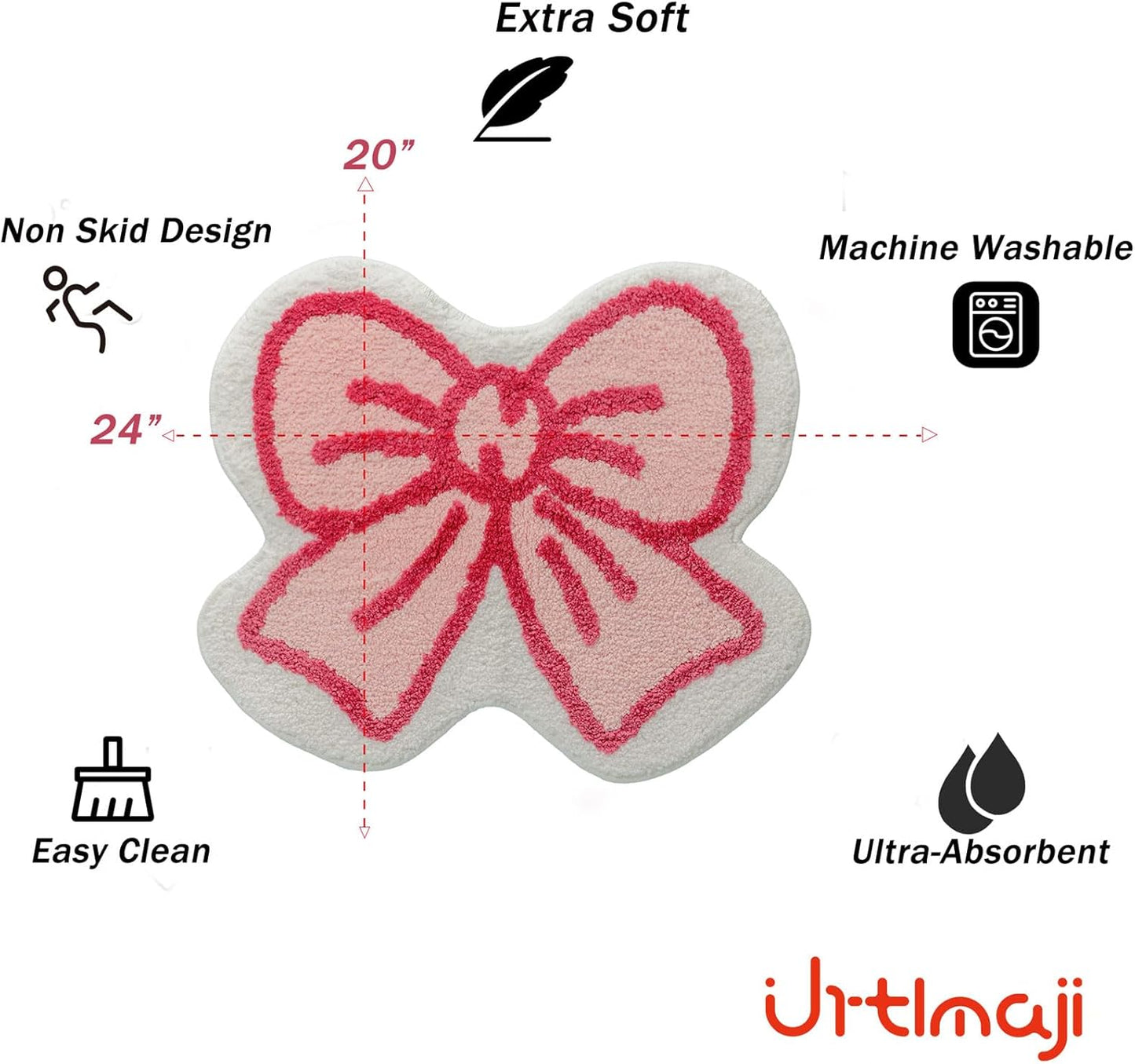 Pink Bath Mat for Bathroom Non Slip, Cute Bathroom Rugs Coquette Bow Rug Plush Microfiber Bath Rug, Small Washable Absorbent Bath Mat for Bathtub Sink Girl's Bedside Preppy Room Decor 24"x20"