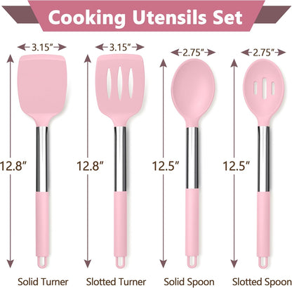 P&P CHEF Pink Kitchen Cooking Utensil Set of 4, Silicone Solid Spatulas Slotted Spoons Turners for Non-stick Cookware Flipping Mixing, Heat-proof