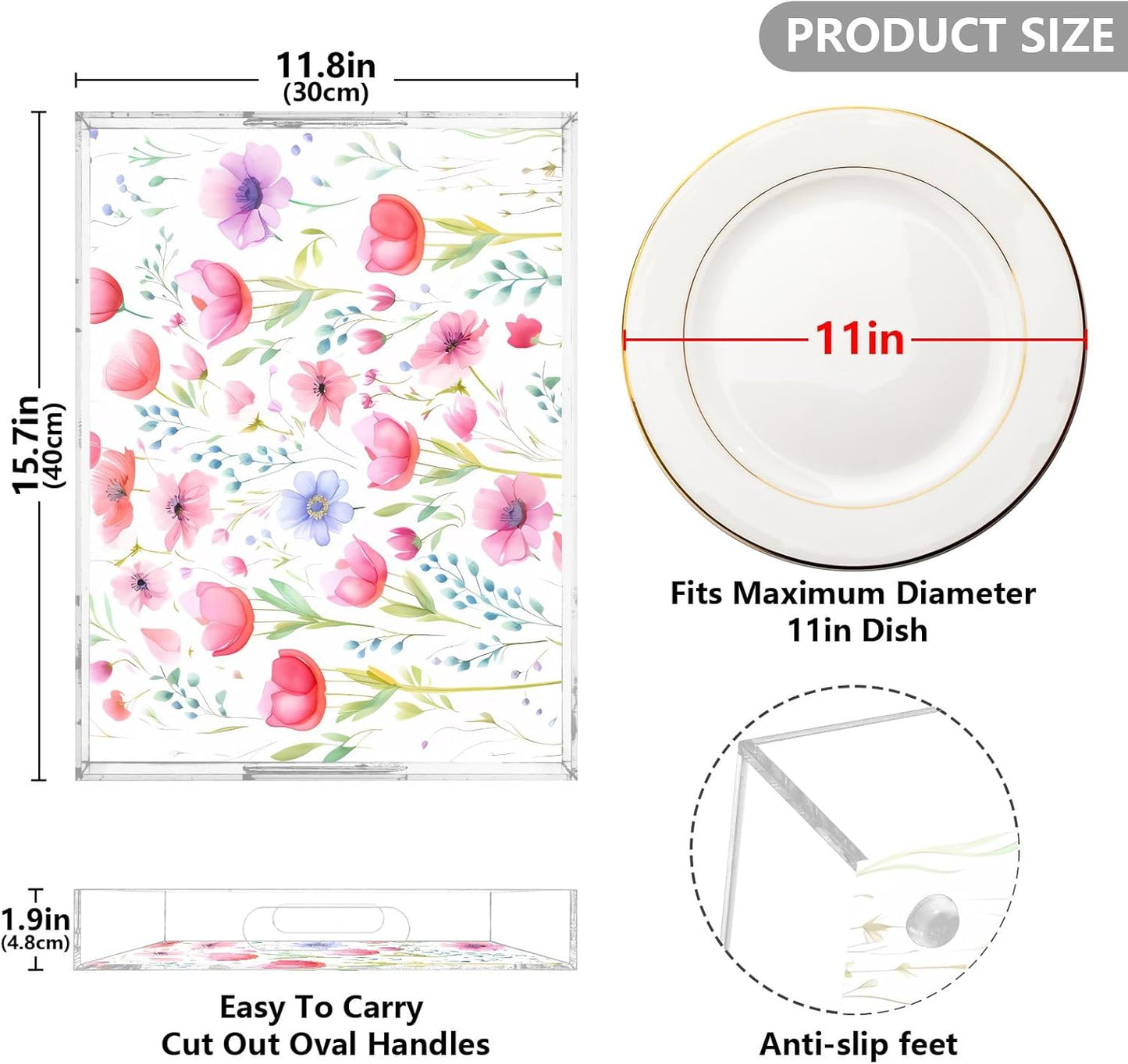 Plastic Food Serving Tray Decorative Vanity Trays for Bathroom Wildflowers Pink Coffee Table Kitchen Counter 11.8 * 15.7in