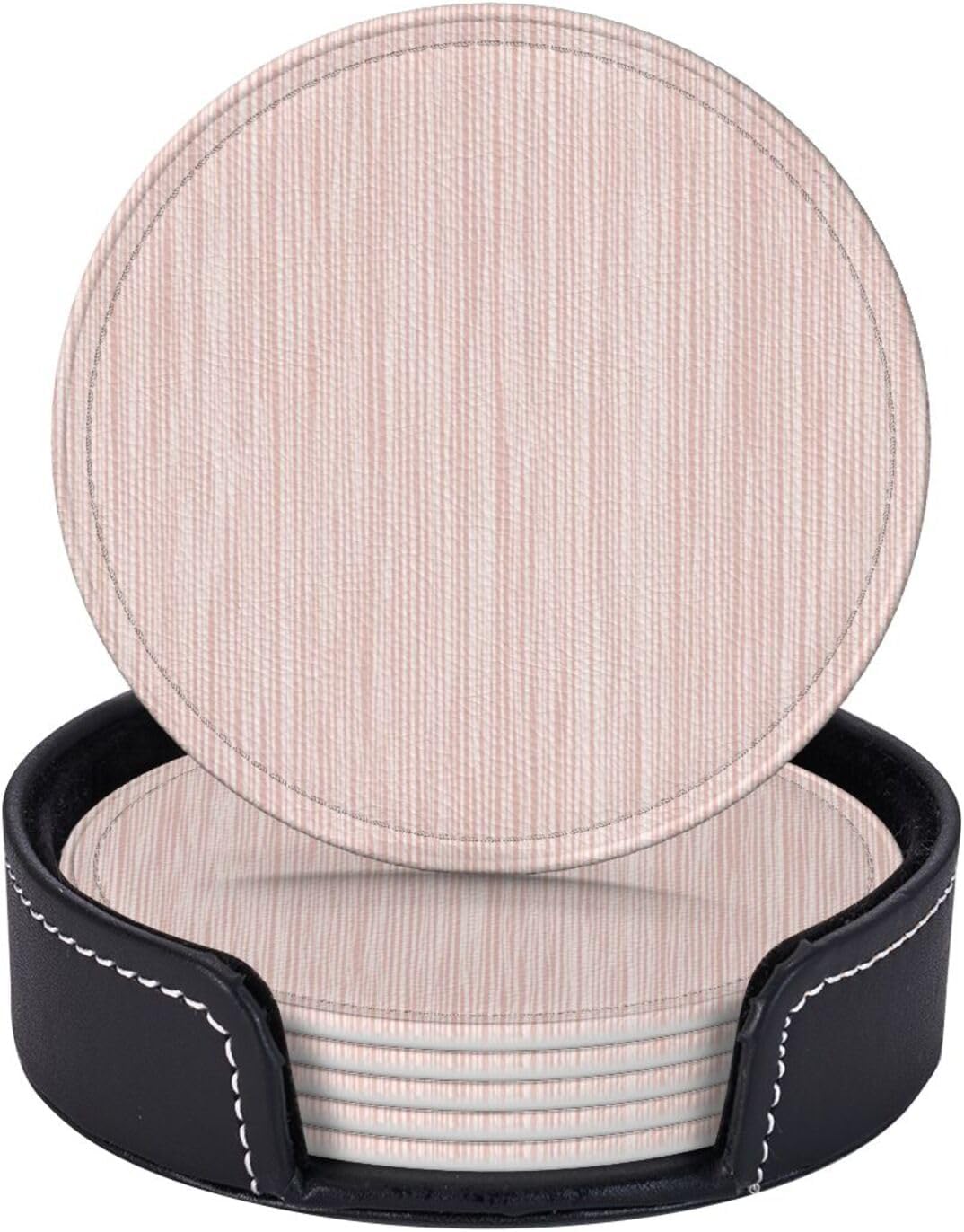 Light Pink Pastel Pattern Subtle Vertical Stripes Premium Leather Coasters, Set of 6 with Holder, Stylish Beverage Coasters for Kitchen Coffee Bar