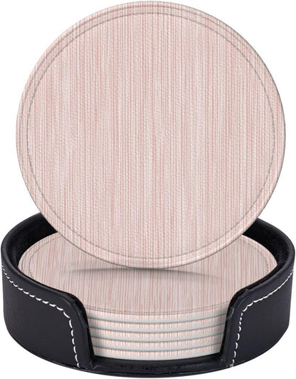 Light Pink Pastel Pattern Subtle Vertical Stripes Premium Leather Coasters, Set of 6 with Holder, Stylish Beverage Coasters for Kitchen Coffee Bar