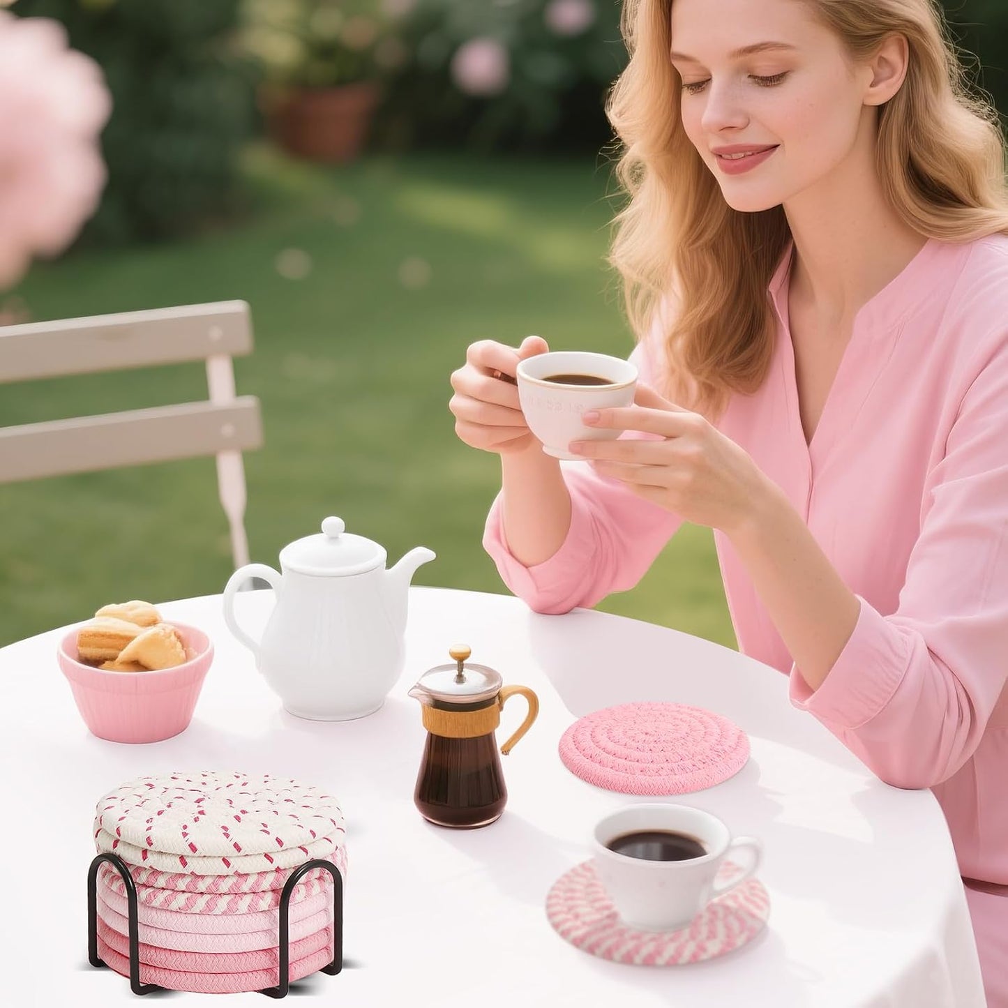 Pink Cotton Rope Coasters Set of 8, for Office and Living Room | With Holder, Non-slip, Absorbent, Heat Resistant, Cute Design, Easy to Clean, Everyday Home Use, Gifts for Women