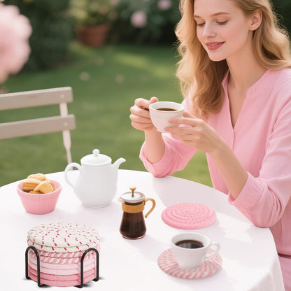 Pink Cotton Rope Coasters Set of 8, for Office and Living Room | With Holder, Non-slip, Absorbent, Heat Resistant, Cute Design, Easy to Clean, Everyday Home Use, Gifts for Women