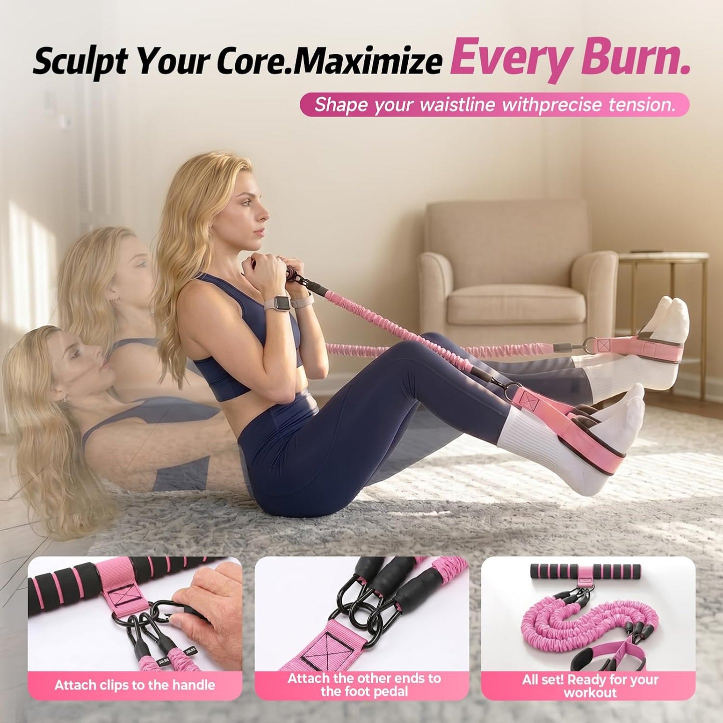 Upgraded Pedal Resistance Band with Handle, Adjustable Exercise Bands for Home Workout, Portable Fitness Equipment for Abs, Arms, Legs & Full Body Training