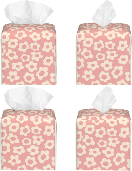 Vintage Groovy Flowers Tissue Box Cover Square,Pink Boho Floral Tissue Box Holder Waterproof Leather Facial Paper Organizer Dispenser for Bathroom Home Car Nightstand Vanity Desk