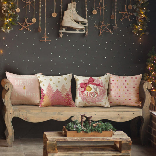 Christmas Pink Gold Snowflake Throw Pillow Covers Merry Christmas Tree Pillow Covers 18x18 Set of 4 Winter Holiday Cushion Case Polka Dot Decoration for Sofa Couch