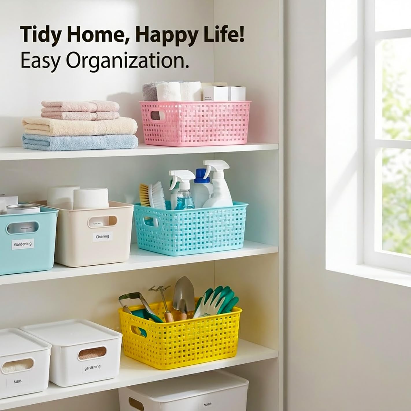 Colorful Small Plastic Storage Woven Baskets, 6 Pack Versatile Shelf Organizer Weave Baskets for Classrooms, Children's Rooms & Pantries, Pink/Yellow/Blue-10x7.5x4 inch