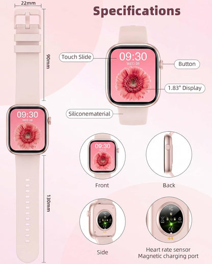 Smart Watch for Women Men, Fitness and Sleep Trackers with 1.83" HD Touchscreen, Bluetooth Calling Smartwatch for Android/iOS, IP67 Waterproof Multi-Sport Modes Pedometer, Rose Pink