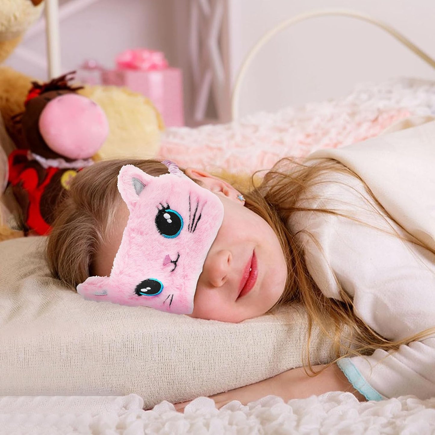 2 Pcs Plush Eye Mask Soft Sleeping Blindfold Eye Cover Comfortable Cute Animal Sleeping Mask Satin Nap Night Eyeshade Cover for Women Men Gift (Pink White Cat Style)