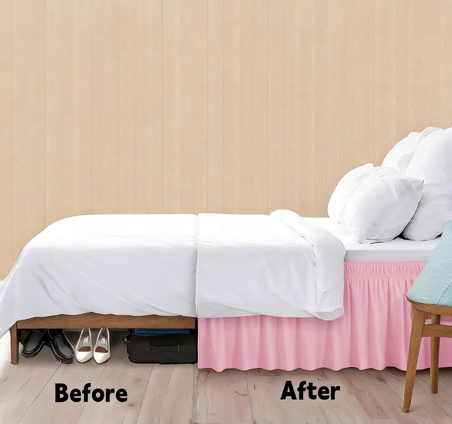 Bed Skirt, Elastic Wrap Around Dust Ruffle Bed Skirting Easy to Install, Adjustable Tailored Bedskirts Fade & Wrinkle Resistant (Pink, Queen-15 Drop)