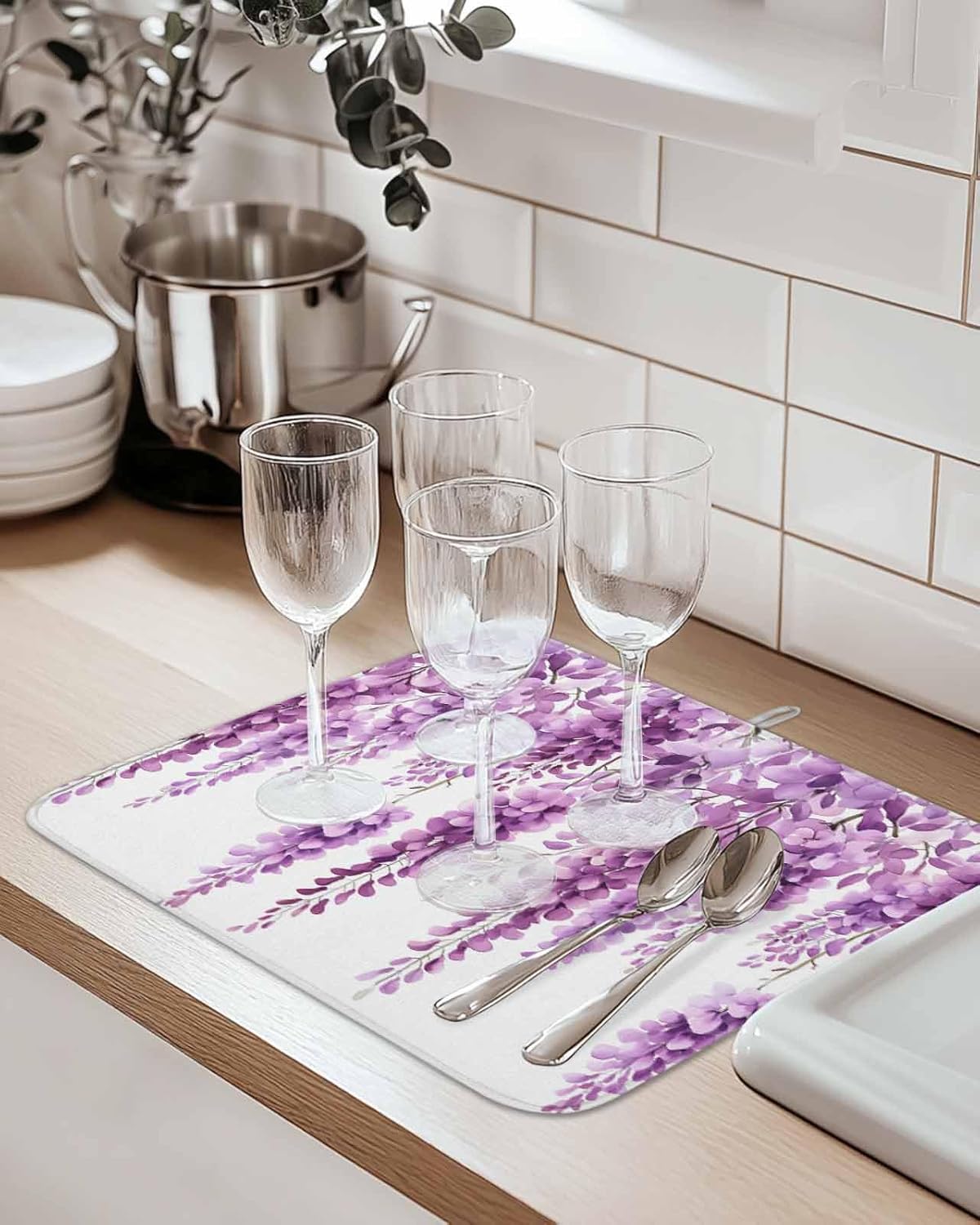 Dish Drying Mat Wisteria Floral Drying Mat for Kitchen Counter Light Pink Leaf Dish Pads Absorbent Microfiber Machine Washable 16 x 18 Inches