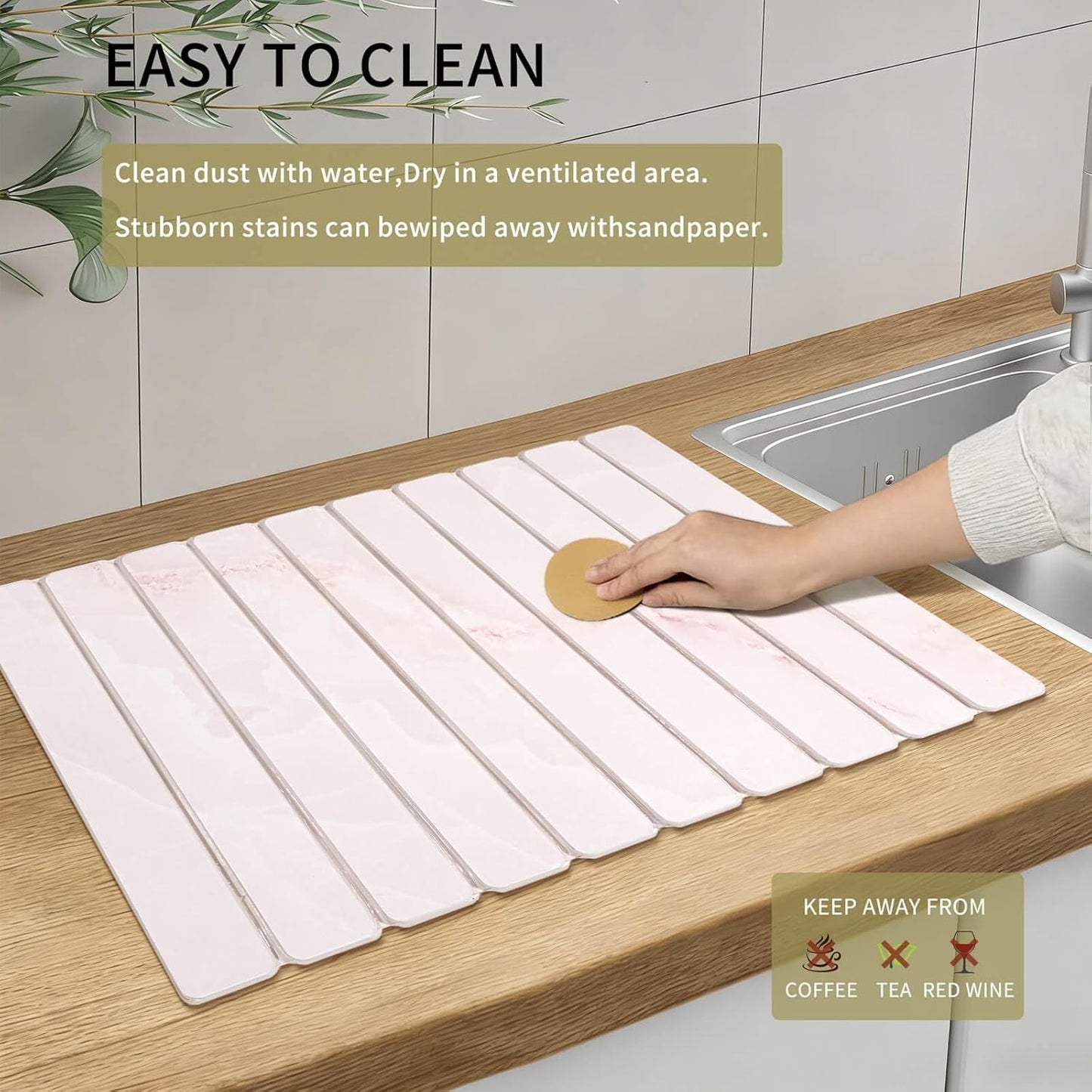 Stone Dish Drying Mat - Large Foldable Marbled Quick Drying Dish Mats With Stone Coasters Set of 4 Collapsible Ultra Absorbent Diatomaceous Earth Mats for Kitchen Counter Bathroom (Pink)