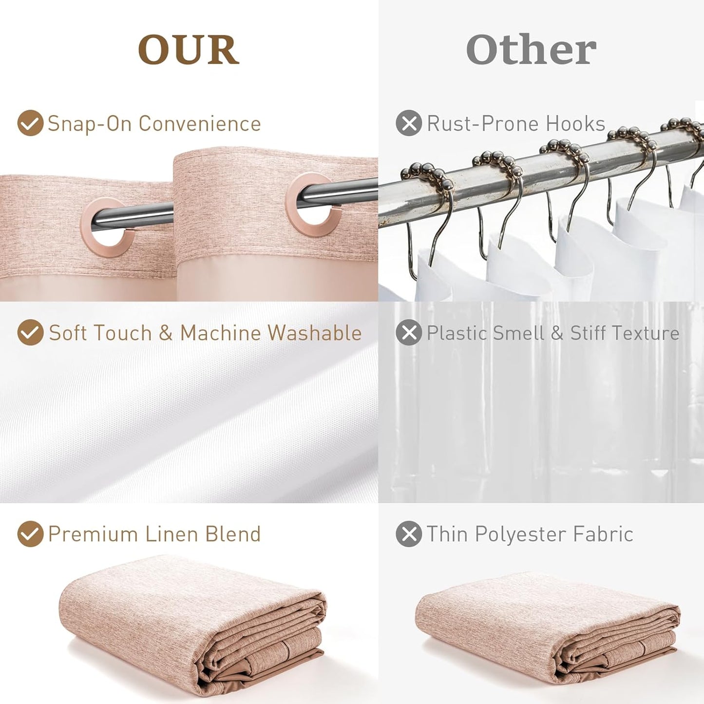 BTTN Pink Ringless Shower Curtain Set, Linen Textured Waterproof Fabric Shower Curtain with Snap in Liner, Machine Washable, Luxury Cute Cloth Shower Curtain for Bathroom with Mesh Top Window, 72x75