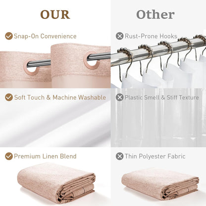 BTTN Pink Ringless Shower Curtain Set, Linen Textured Waterproof Fabric Shower Curtain with Snap in Liner, Machine Washable, Luxury Cute Cloth Shower Curtain for Bathroom with Mesh Top Window, 72x75