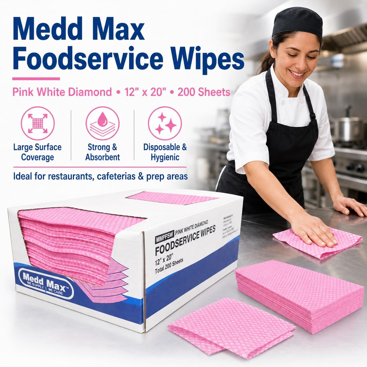 Medd Max Pink Towels Foodservice Reusable Paper Towels 12" x 20" Cleaning Cloths for Kitchen, Restaurant, Cafeterias and Home All Purpose - 200 Count