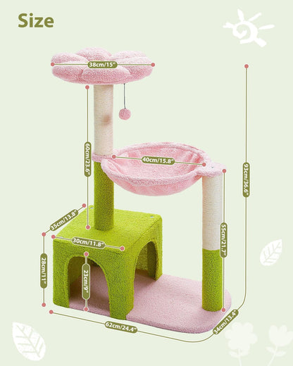 PEQULTI Flower Cat Tree, 36.6" Pink Cat Tower with Sisal Scratching Posts for Indoor Cats, Large Hammock, Condo and Pink Top Perch for Kittens, Fluffy Ball, Blue