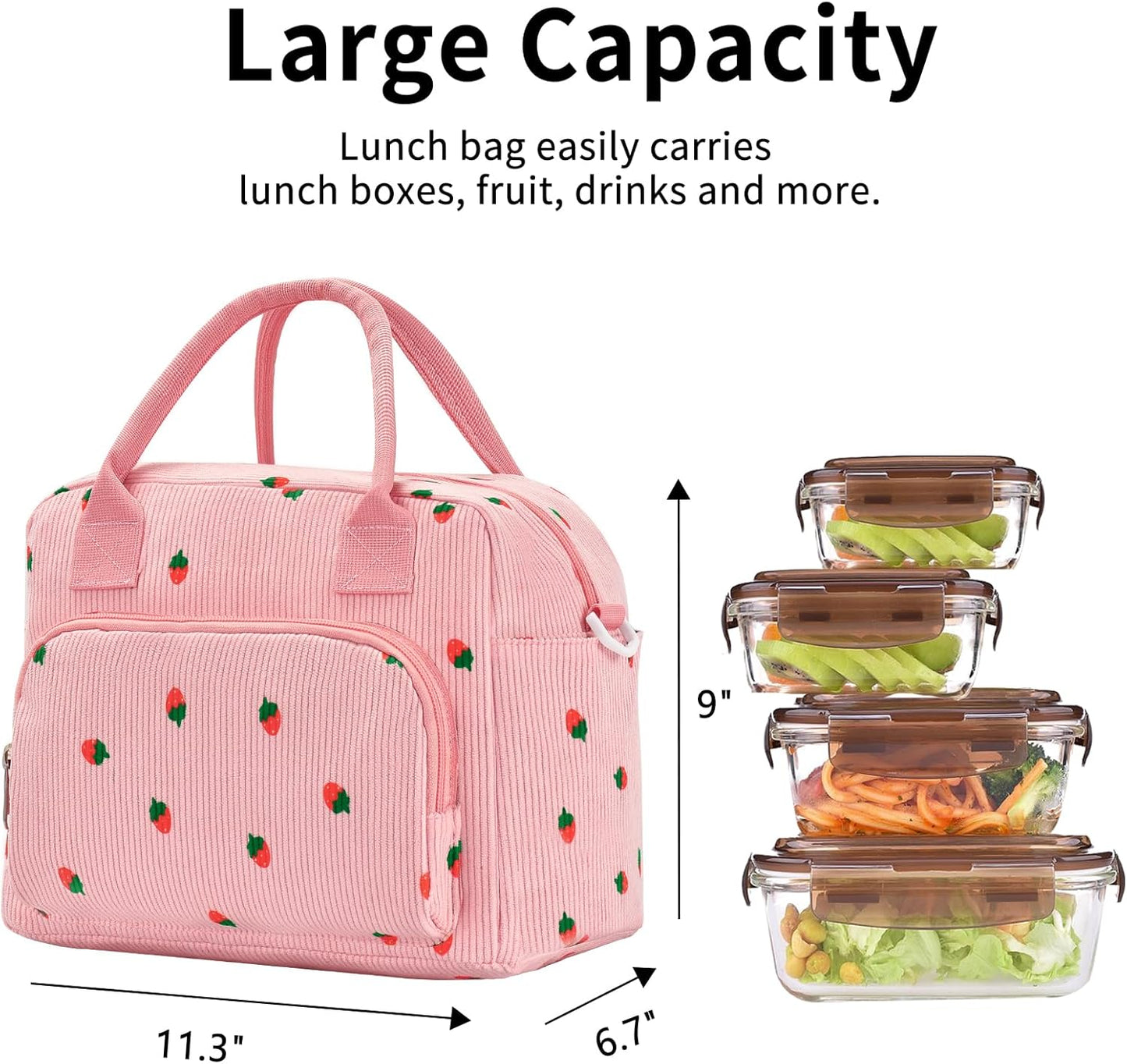 Lunch Bag Women Lunch Box for Women Adult Cute Insulated Lunch Bag Lager Cooler Lunch Tote Bags for Work Picnic (Pink-Strawberry)