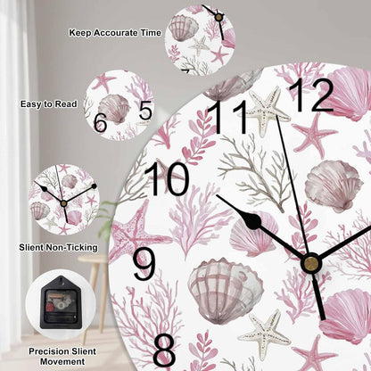 Wall Clock Pink Starfish Shell Clocks PVC Silent Non-Ticking Battery Operated Decorative Coral Ocean Marine Life Round Clock for Home Living Room Kitchen Bedroom Office School Wall Decor 10 Inch