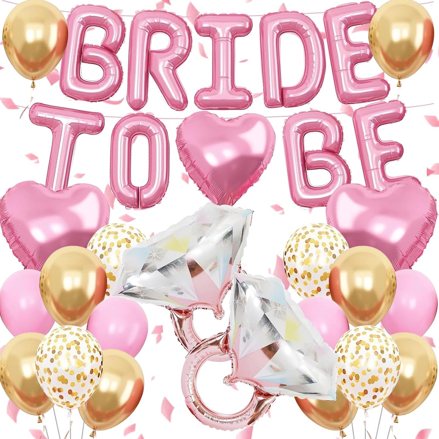 Pensar 30Pcs Bachelorette Party Decorations, Bride-to-Be Banner Balloon, Pink Gold and Confetti Balloons with Diamond Ring Pink Heart Balloons for Bridal Shower Decorations