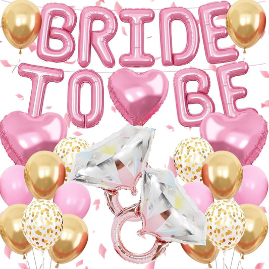 Pensar 30Pcs Bachelorette Party Decorations, Bride-to-Be Banner Balloon, Pink Gold and Confetti Balloons with Diamond Ring Pink Heart Balloons for Bridal Shower Decorations