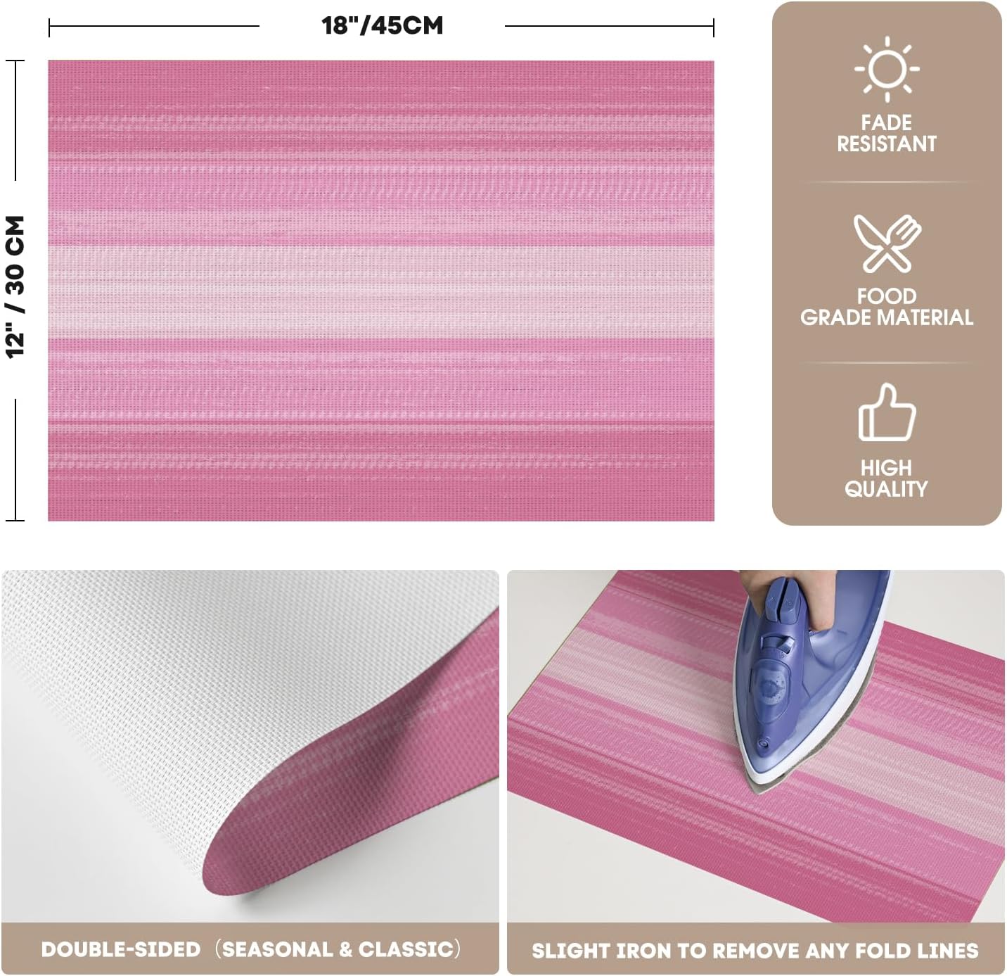 Artoid Mode Pink Gradient Stripes Placemats Set of 4, Washable Heat Resistant Non-Slip Woven Plastic Spring PVC Place Mats for Farmhouse Party Kitchen Dining Decor
