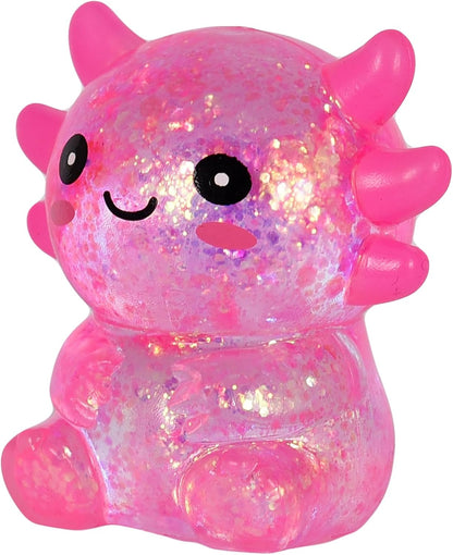 Axolotl Squishy Stress Relief Toy – Glitter Fidget Toy Cute Squeeze Toy for Kids & Adults, Sensory Anxiety Relief Squishy Toy, Party Favor Desk Fidget (Pink Sitting Style)