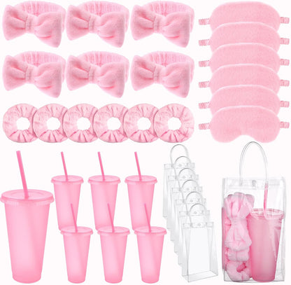 30 Pcs Spa Sleepover Party Supplies for Girls-6 Headband 6 Plush Sleep Eye Mask 6 Velvet Scrunchies 6 Clear Cosmetic Bags 6 Reusable Glitter Cups for Slumber Birthday Favors Gifts (Pink)