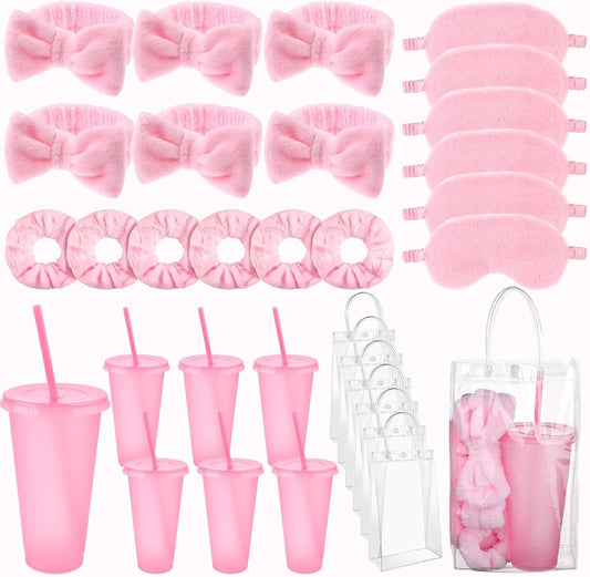 30 Pcs Spa Sleepover Party Supplies for Girls-6 Headband 6 Plush Sleep Eye Mask 6 Velvet Scrunchies 6 Clear Cosmetic Bags 6 Reusable Glitter Cups for Slumber Birthday Favors Gifts (Pink)