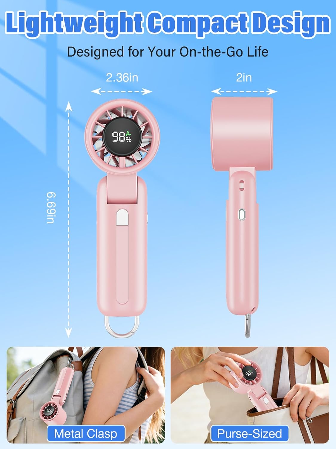 Handheld Turbo Fan, 100-Speed Portable Mini Fan with 12800 RPM Strong Airflow, Foldable 4-in-1 Personal Fan for Travel, Camping, Beach & Office, USB-C Rechargeable, Lightweight & Quiet (Pink)